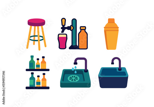 Colorful bar icons with stool, beverage dispenser, bottles, cocktail shaker, sink, faucet