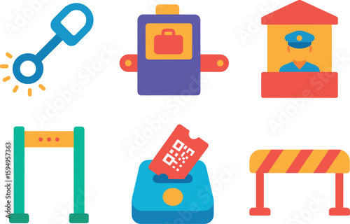 Colorful airport security icons set for travel and safety