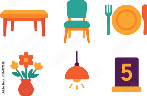 Colorful dining icons with table, chair, plate, fork, flower vase, lamp, number 5 sign