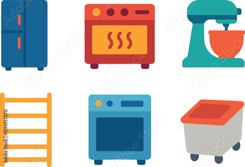 Colorful kitchen appliances and furniture icons set