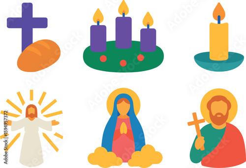Religious symbols collection: cross, candles, jesus, mary, saint