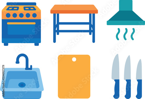 Kitchen utensils set: stove, table, hood, sink, cutting board, knives