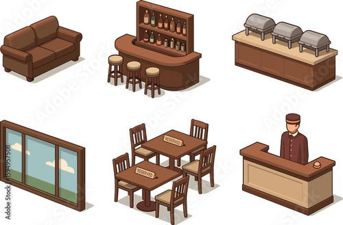 Isometric hotel amenities: sofa, bar, buffet, window, dining, reception desk