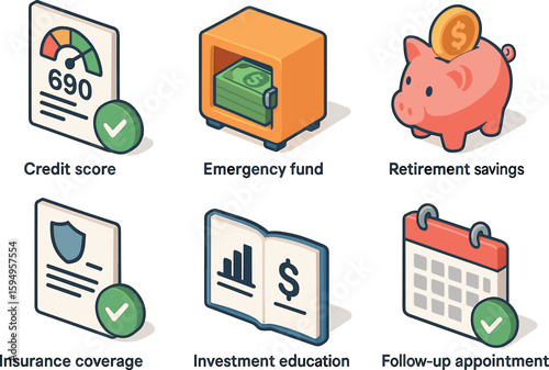 Financial planning elements: credit score, emergency fund, retirement savings, insurance, investment, follow-up