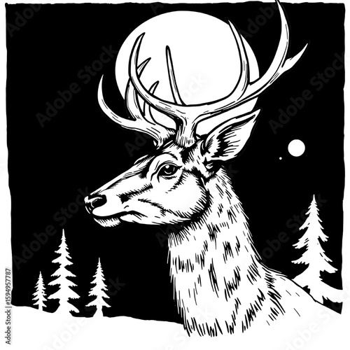 majestic reindeer silhouette with antlers under a moonlit sky and pine trees for christmas