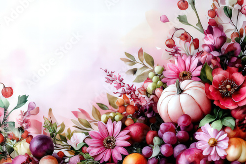 Autumn Harvest Still Life with Pumpkins and Fruit, space for text