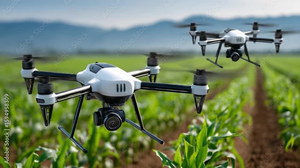 Drone over agriculture landscape: two drones hovering above a vibrant agricultural landscape, showcasing technological advancements and its impact on precision farming. Drone over agriculture landscape: two drones hovering above a vibrant agricultural landscape, showcasing technological advancements and its impact on precision farming.