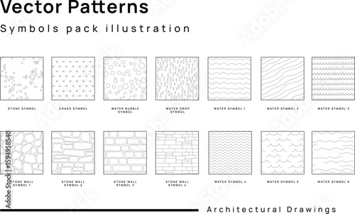 CAD Drawings. Set vector pattern for landscape architecture. Water, grass, stone, stone wall, water drop, water bubble. 
