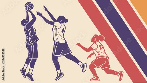 Three basketball players in action with retro stripes in the background on a light beige canvas