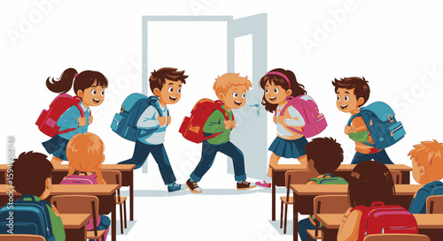 Children with backpacks entering a classroom, while other students sit at desks.