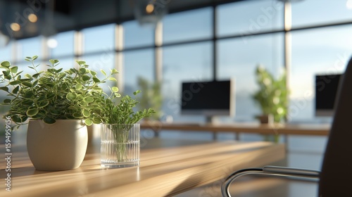 Modern office interior with green potted plants on desk and computers in soft sunlight