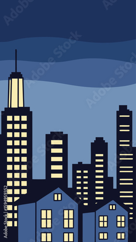 Minimal Vector Night Cityscape with Tall Buildings