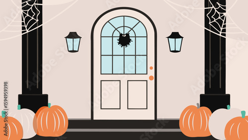 Illustration of a halloween decorated doorway with pumpkins and spiderwebs adorning the columns