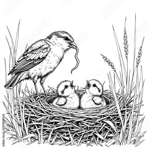 Black-and-White Vector Illustration of Feeding Bird with Nestlings in Grass – 1-Item Wildlife Nurture Silhouette