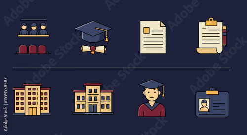 Collection of illustrated icons representing education, graduation, and academic achievements, with varied elements.