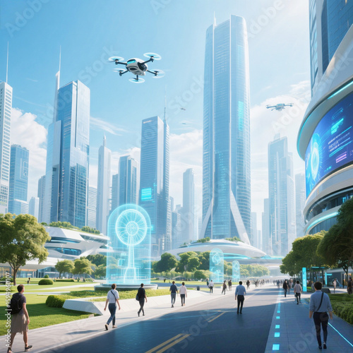 Futuristic Smart City with Drones and Holographic Interfaces
