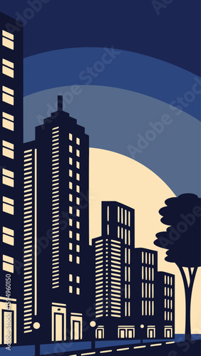 Minimal Vector Night Cityscape with Tall Buildings