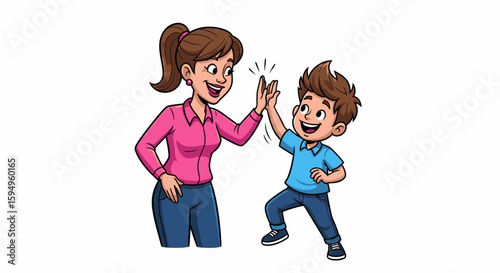 Cartoon illustration of a mother and son giving each other a high five, both smiling and looking happy.