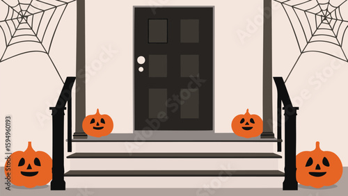 Halloween themed front door with pumpkins and spiderwebs decorating the porch area of the house