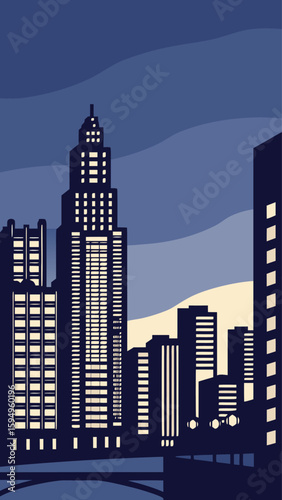 Minimal Vector Night Cityscape with Tall Buildings