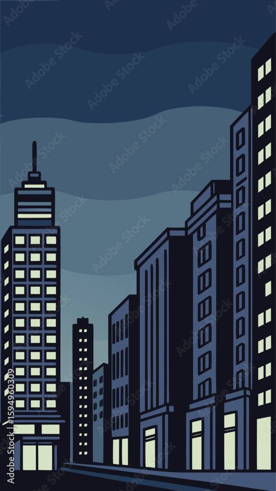Fototapeta premium Minimal Vector Night Cityscape with Tall Buildings