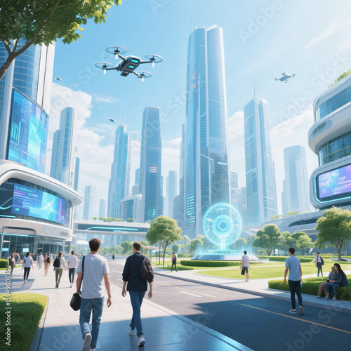 Futuristic Smart City with Drones and Holographic Interfaces