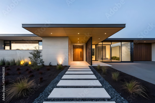 Modern Home Entrance at Dusk with Stepping Stone Path Featuring Clean Lines Warm Lighting and Contemporary Landscaping for a Welcoming and Stylish Architectural Design