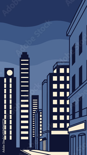 Minimal Vector Night Cityscape with Tall Buildings