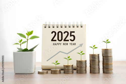 Financial growth concept for the year 2025 showing stacked coins with plants growing symbolizing investment growth and prosperity in the new year with a calendar