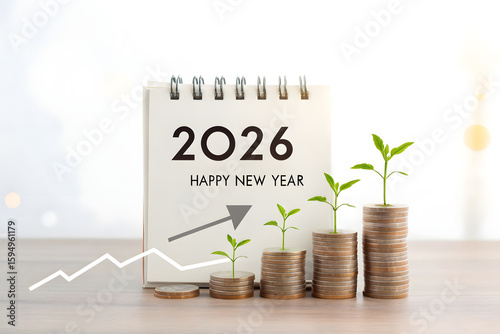 Financial Growth and Prosperity in 2026 A Concept Illustrating Investment Success and New Year s Resolutions with Coin Stacks Growing Plants and a Calendar Showing