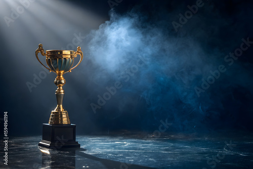 Elegant Gold and Blue Trophy on a Marble Surface with Dramatic Lighting and Smoke Symbolizing Achievement Success and Victory in a Competition or Championship Event