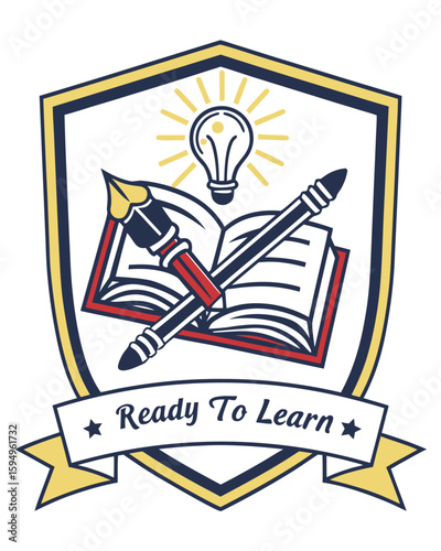 Retro Back to School T-Shirt Design. A vintage varsity crest emblem with a book and pencils for students.
