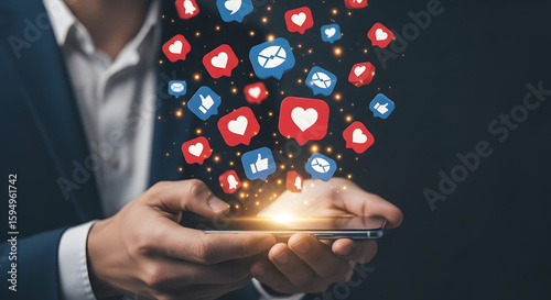 Businessman holding a phone with social media icons erupting from it, representing online engagement.
