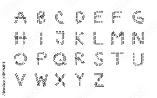 Modern decorative alphabet with black dashed line strokes.
