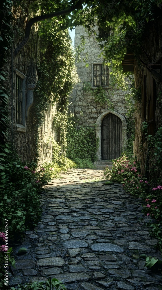 Fototapeta premium Walking Cobblestone Path to Old Stone Building with Vines