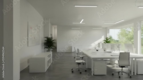Modern White Office Interior with Empty Desks and Green Plant Decor