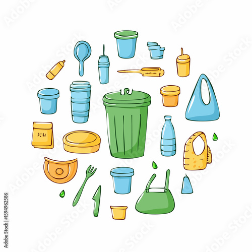 Disposable single use plastic objects doodle style vector illustration isolated on white background