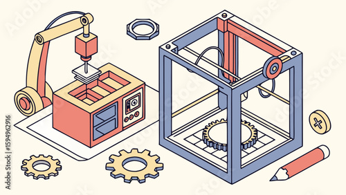 Isometric view of a 3d printer with robotic arm gears and pencil on a light background design
