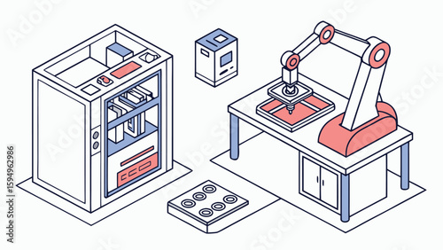 Isometric view of a 3d printer machine with robotic arm and control panel on a white background design