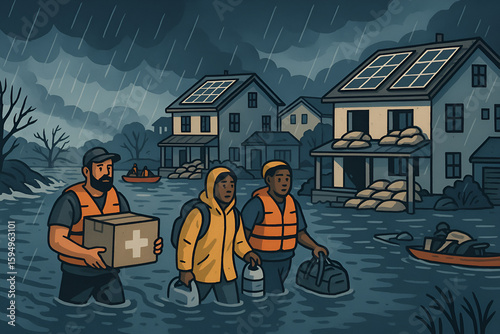 Flood Relief and Community Rescue Effort Illustration
