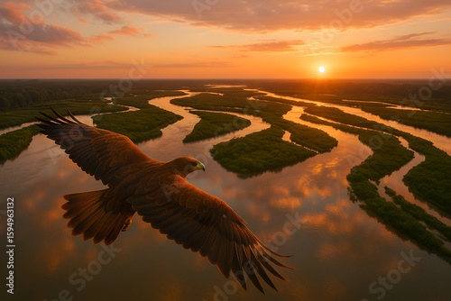 Bird flying over winding river delta at sunset with golden reflections, dramatic sky and natural landscape, peaceful nature scene ideal for travel and environmental concepts
