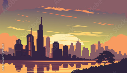 Vector Silhouette of Modern Cityscape in Golden Hour