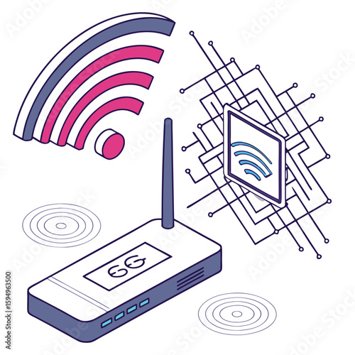 Isometric illustration of a router with antenna emitting wifi signals and a circuit board icon design
