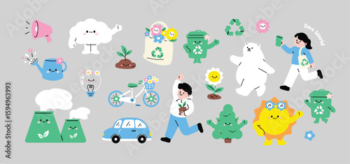 Set of Sustainable Environment Save The World Elements Cute. Collection of go green. flat Vector illustration.