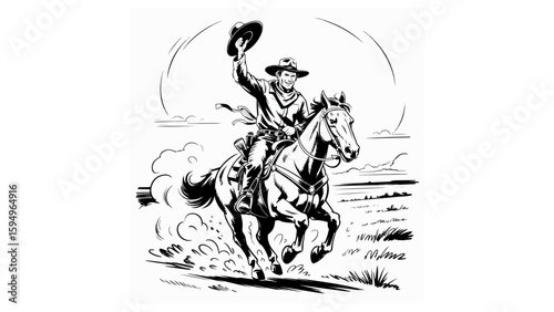 Cowboy Riding Horse Waving Hat – Action Western Comic Line Art

