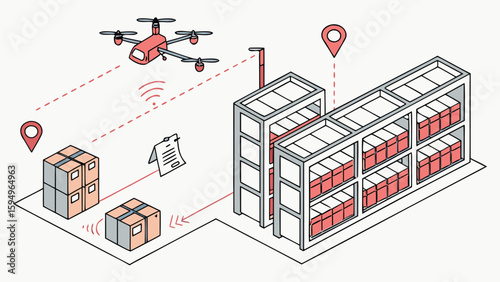 Isometric view of a drone delivering packages to a warehouse with inventory management system shown