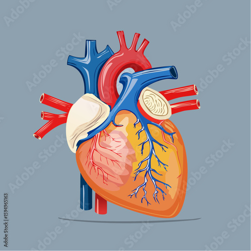 Anatomical depiction of the Human Heart: a detailed illustration of the human heart, showcasing its complex structure and the intricate network of arteries and veins against a muted background.