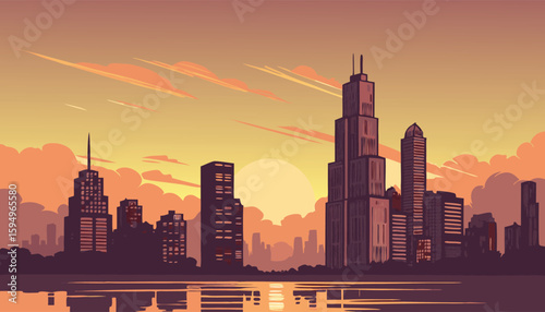 Vector Silhouette of Modern Cityscape in Golden Hour