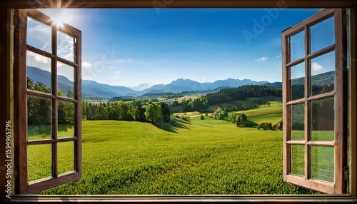 a picturesque countryside view through an open window with green fields and mountains in the background