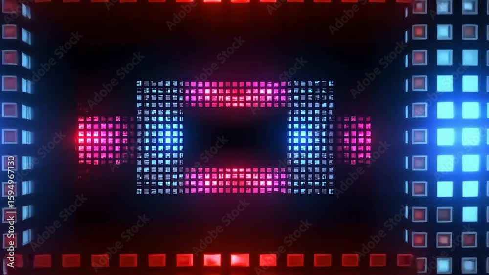 Dynamic LED Grid Display, Vibrant Neon Colors, Abstract Visuals